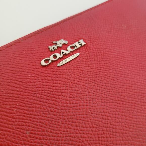 Coach Leather Wallet Solid Red Zip Around Large Clutch Crossgrain Leather Fair - Picture 13 of 15